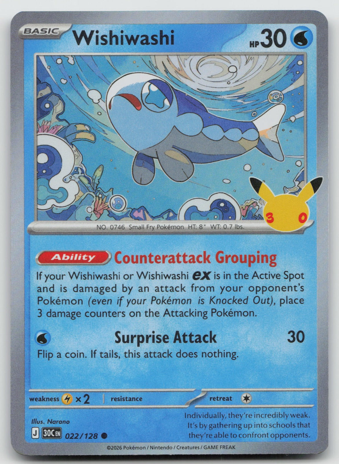 Wishiwashi Holo Common ME: 30th Celebration 022/128 NM