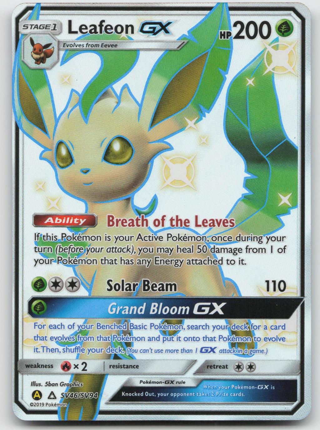 Leafeon GX Shiny Holo Rare Hidden Fates: Shiny Vault SV46/SV94 NM