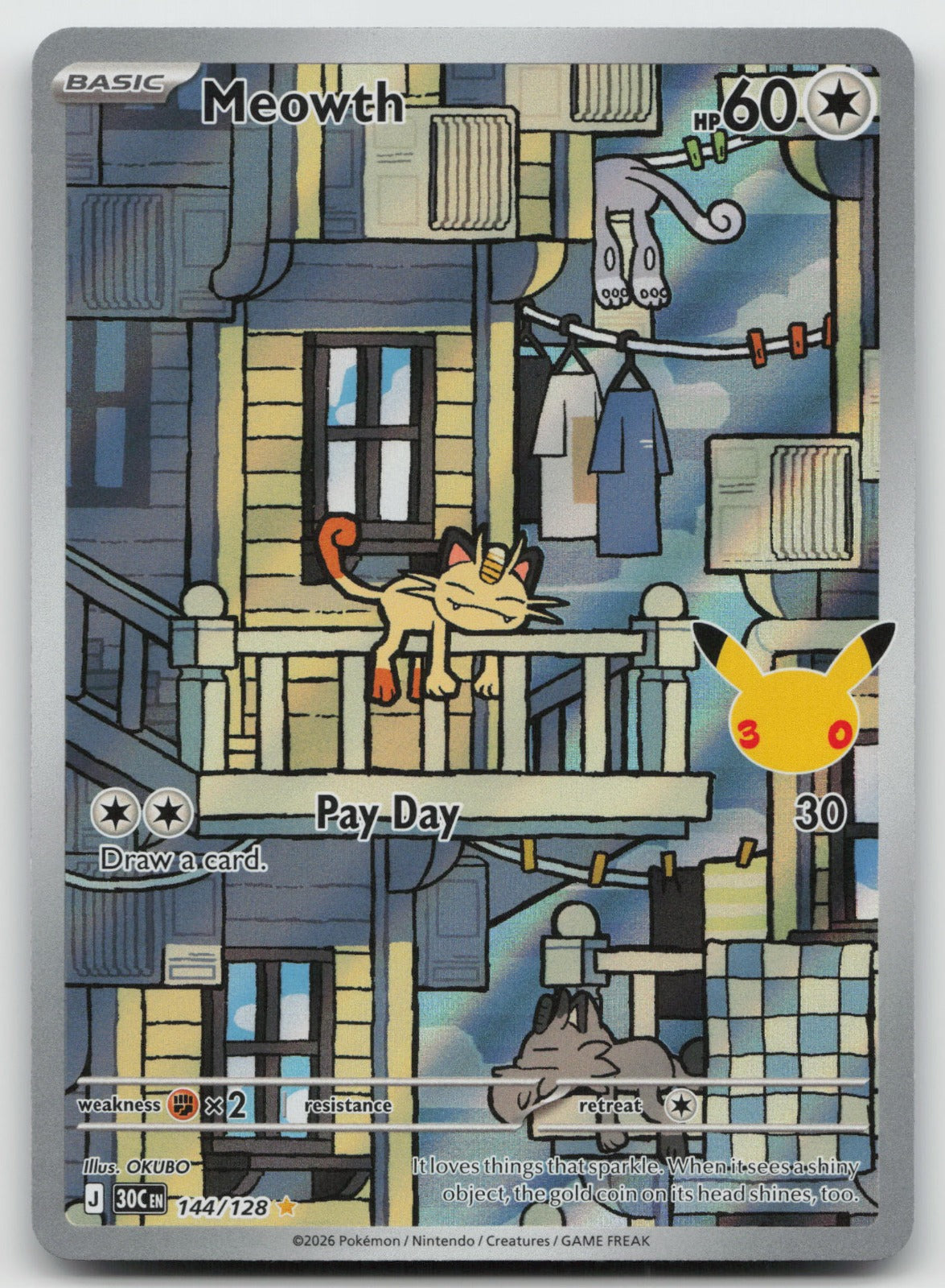 Meowth Illustration Rare ME: 30th Celebration 144/128 NM