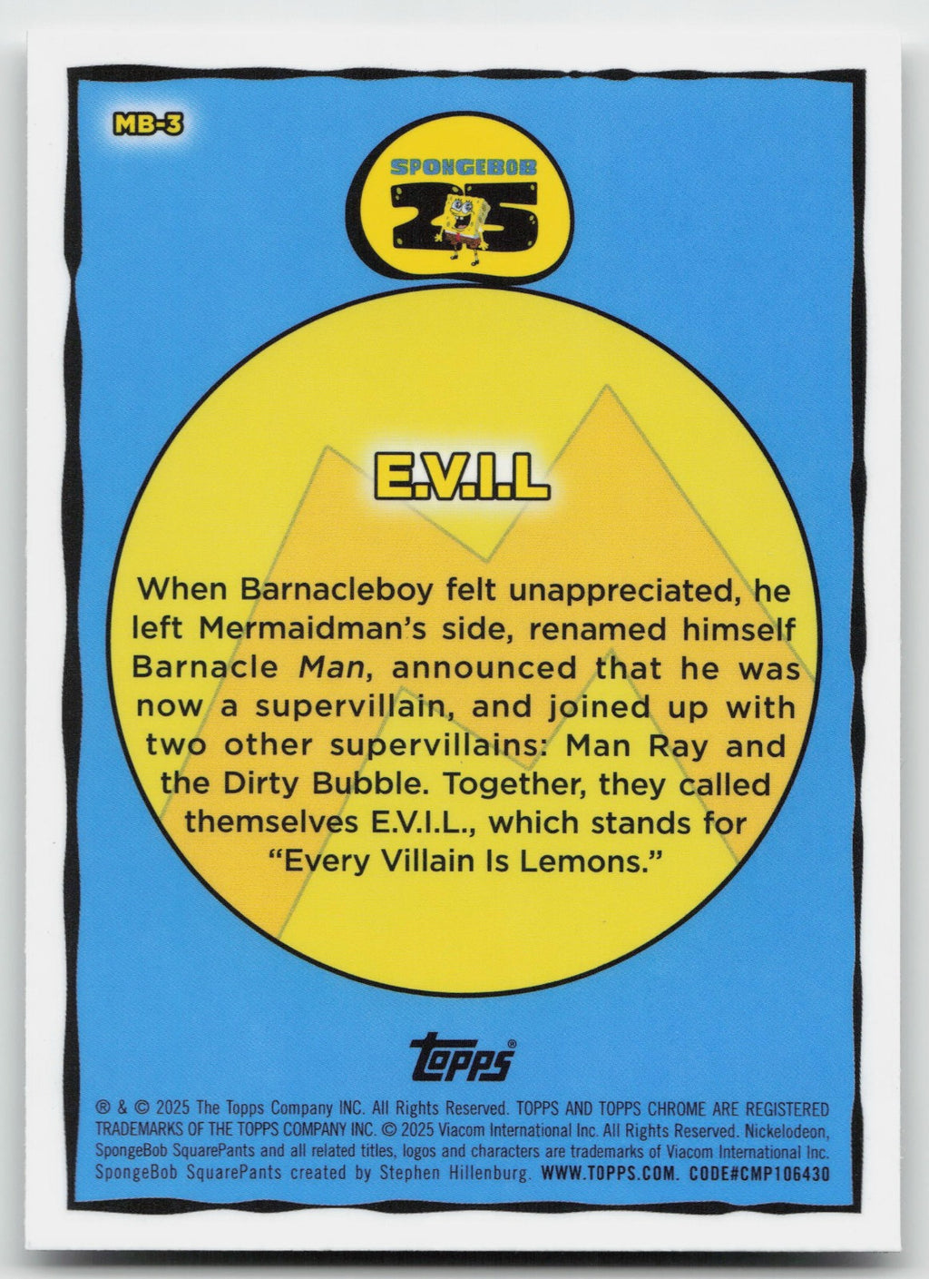 E.V.I.L Topps SpongeBob SquarePants 25th Mermaid Man and Barnacle Boy MB-3 NM