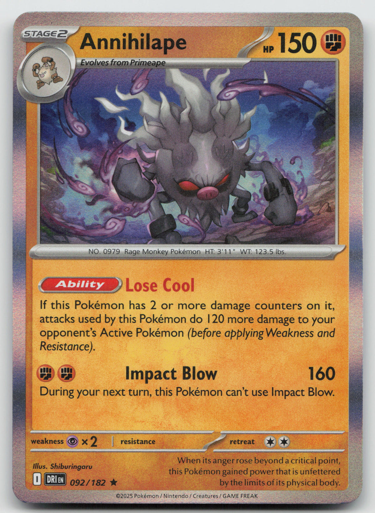 Annihilape Rare Reverse Holo SV10: Destined Rivals 092/182 NM