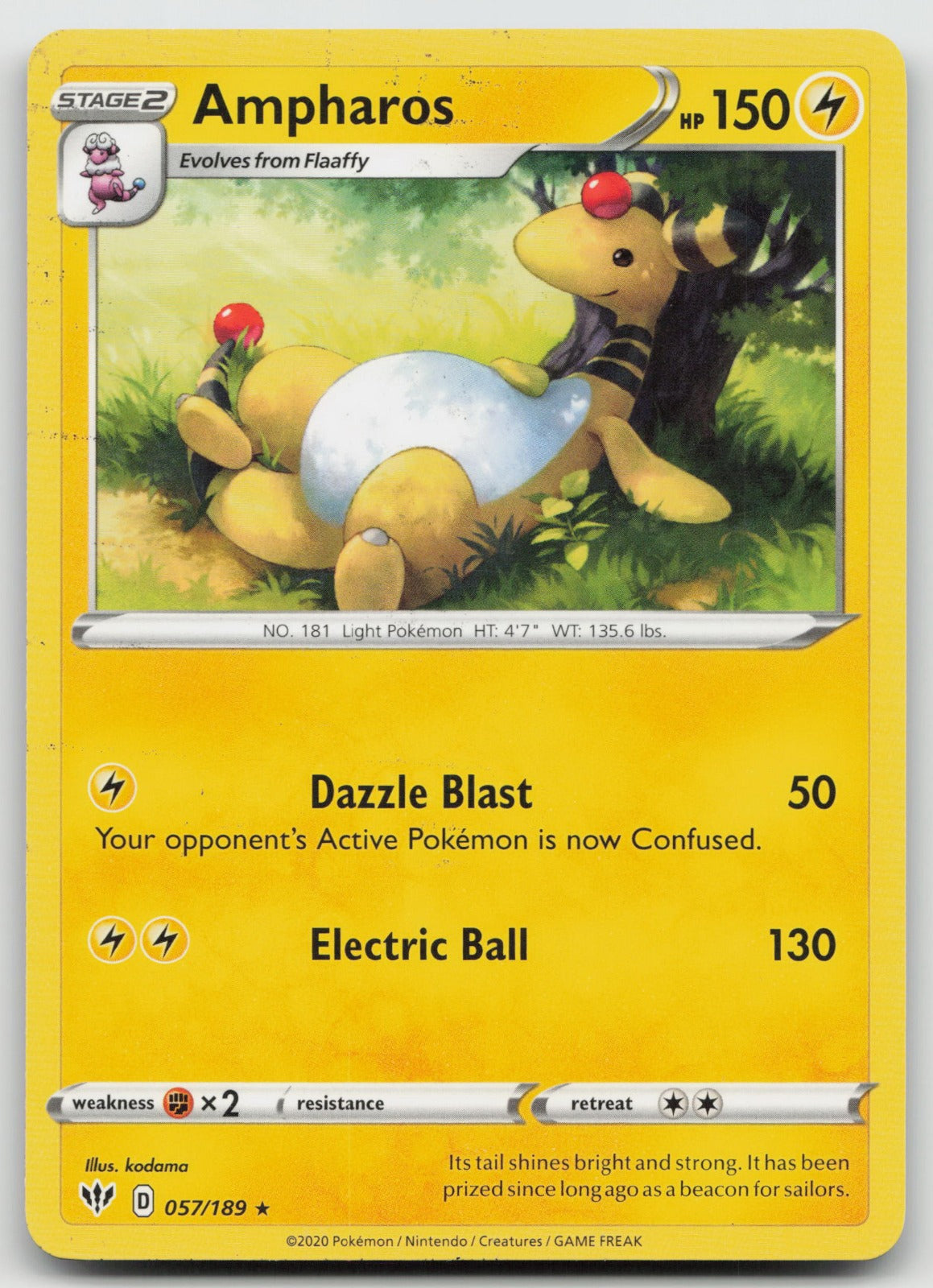 Ampharos Rare SWSH03: Darkness Ablaze 057/189 NM INK SPOT ERROR