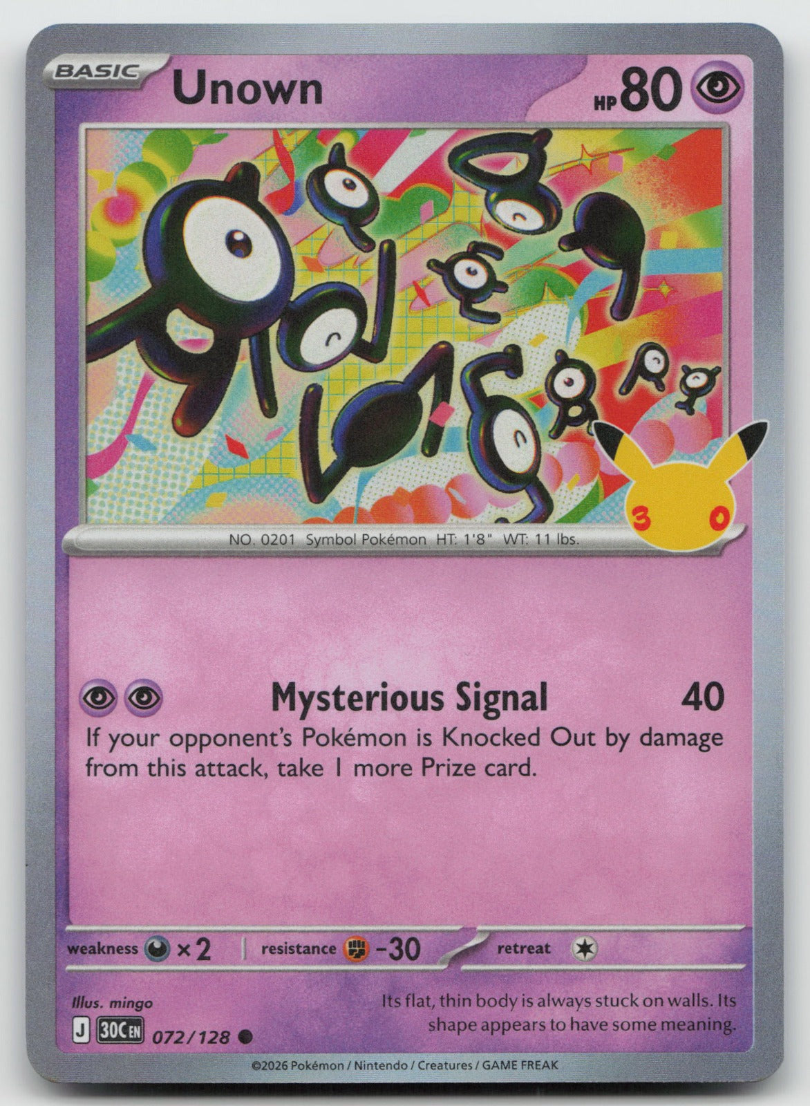 Unown Holo Common ME: 30th Celebration 072/128 NM