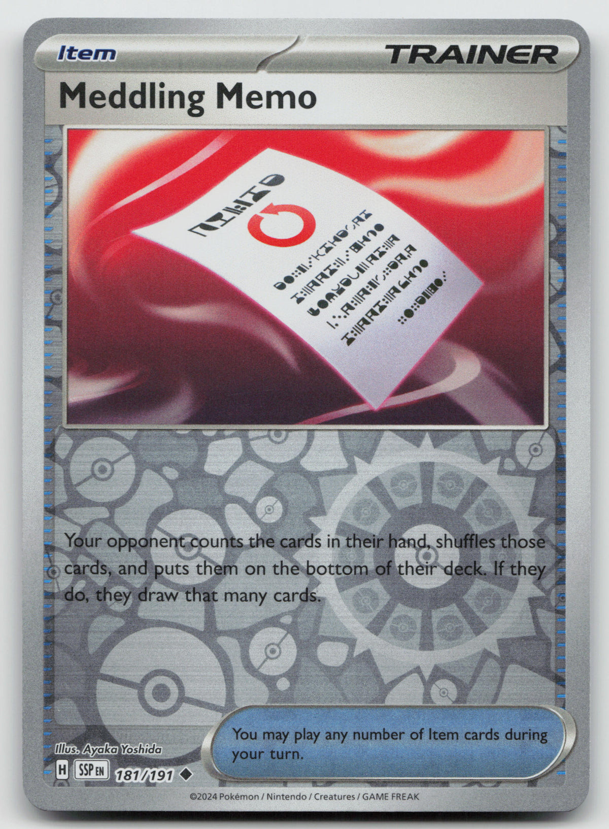 Meddling Memo Uncommon Reverse Holo SV08: Surging Sparks 181/191 NM