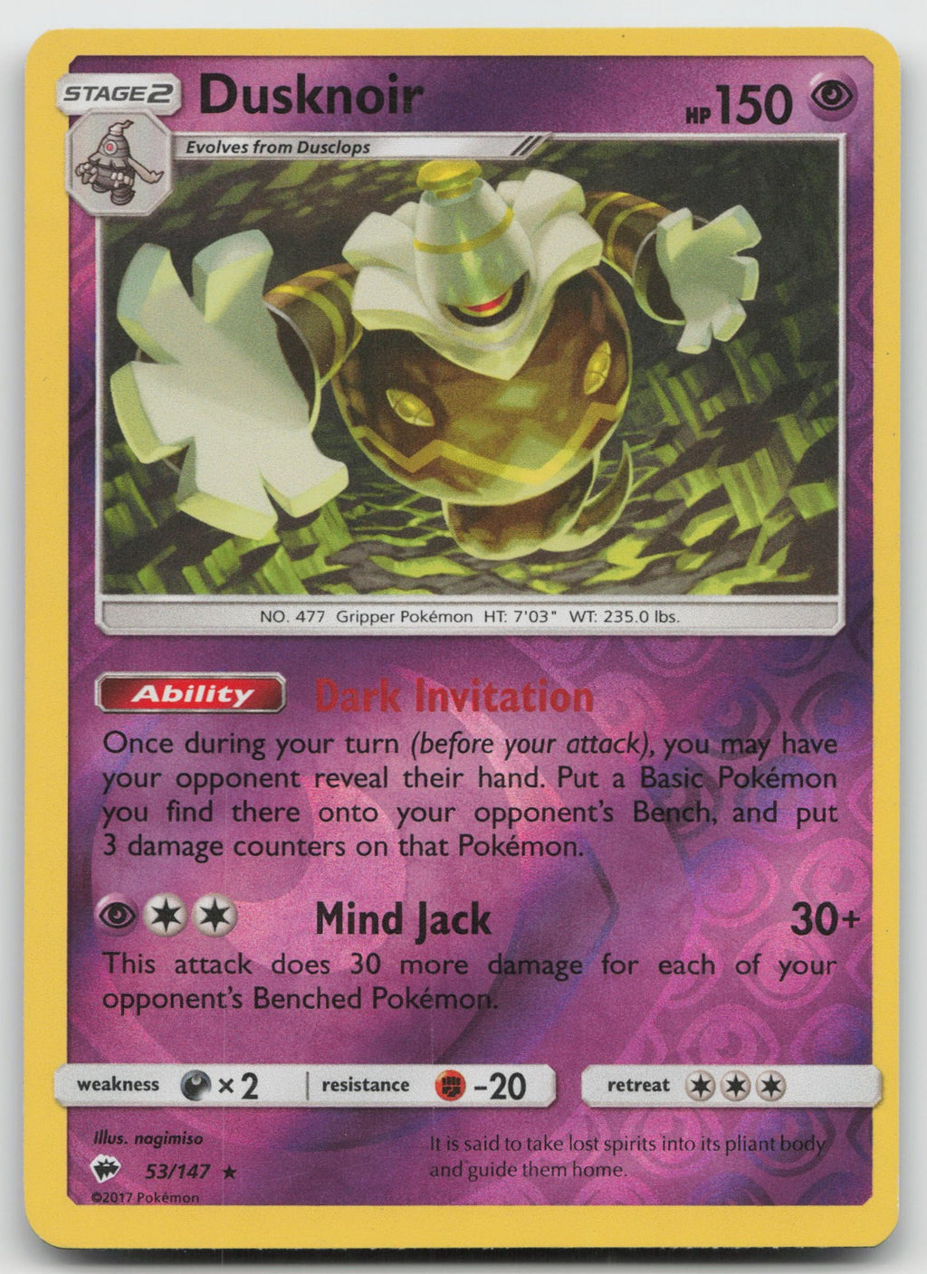 Dusknoir Reverse Holo Rare SM - Burning Shadows 53/147 LP
