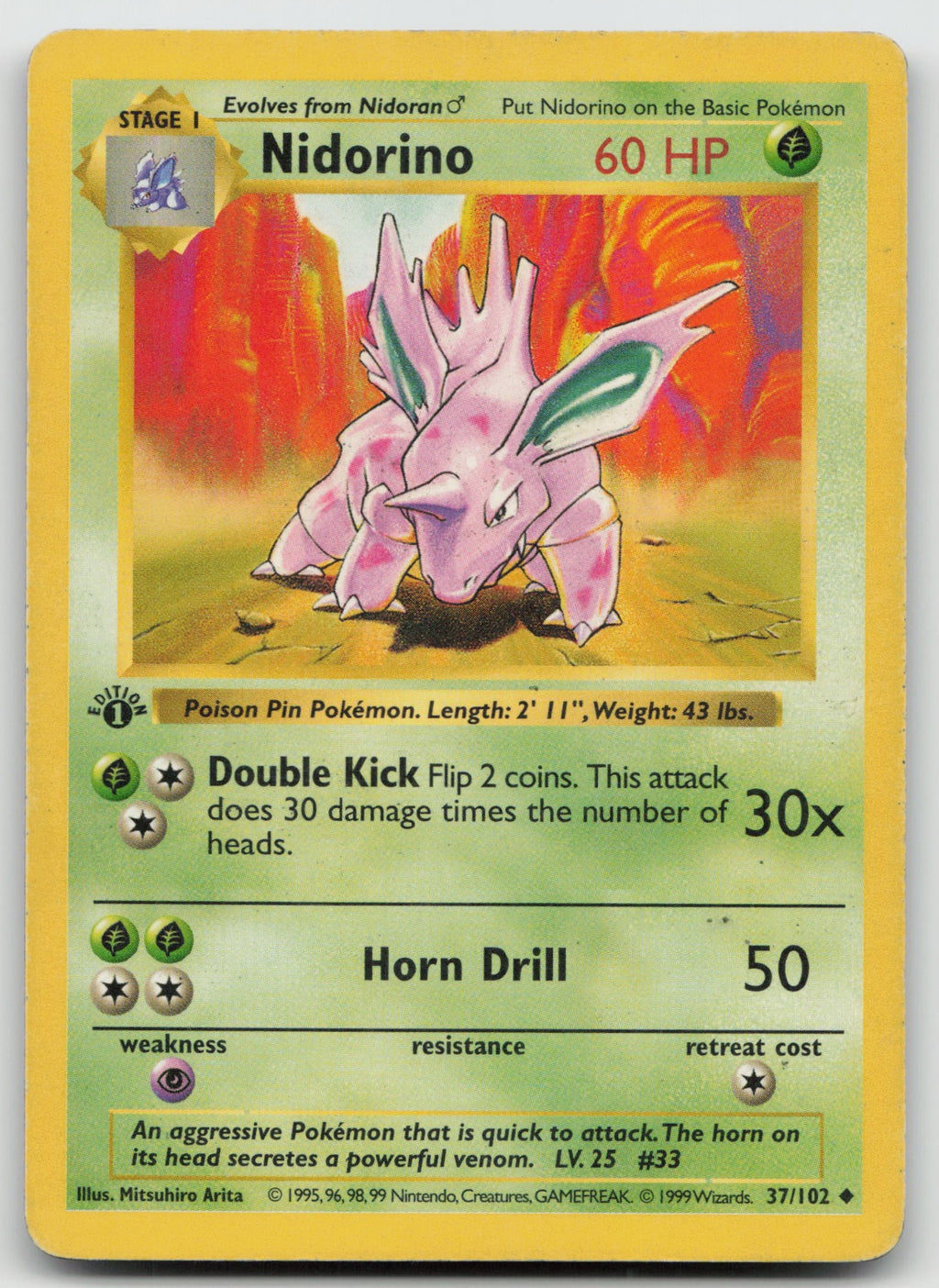 Nidorino Uncommon 1st Edition Base Set (Shadowless) 37/102 HP