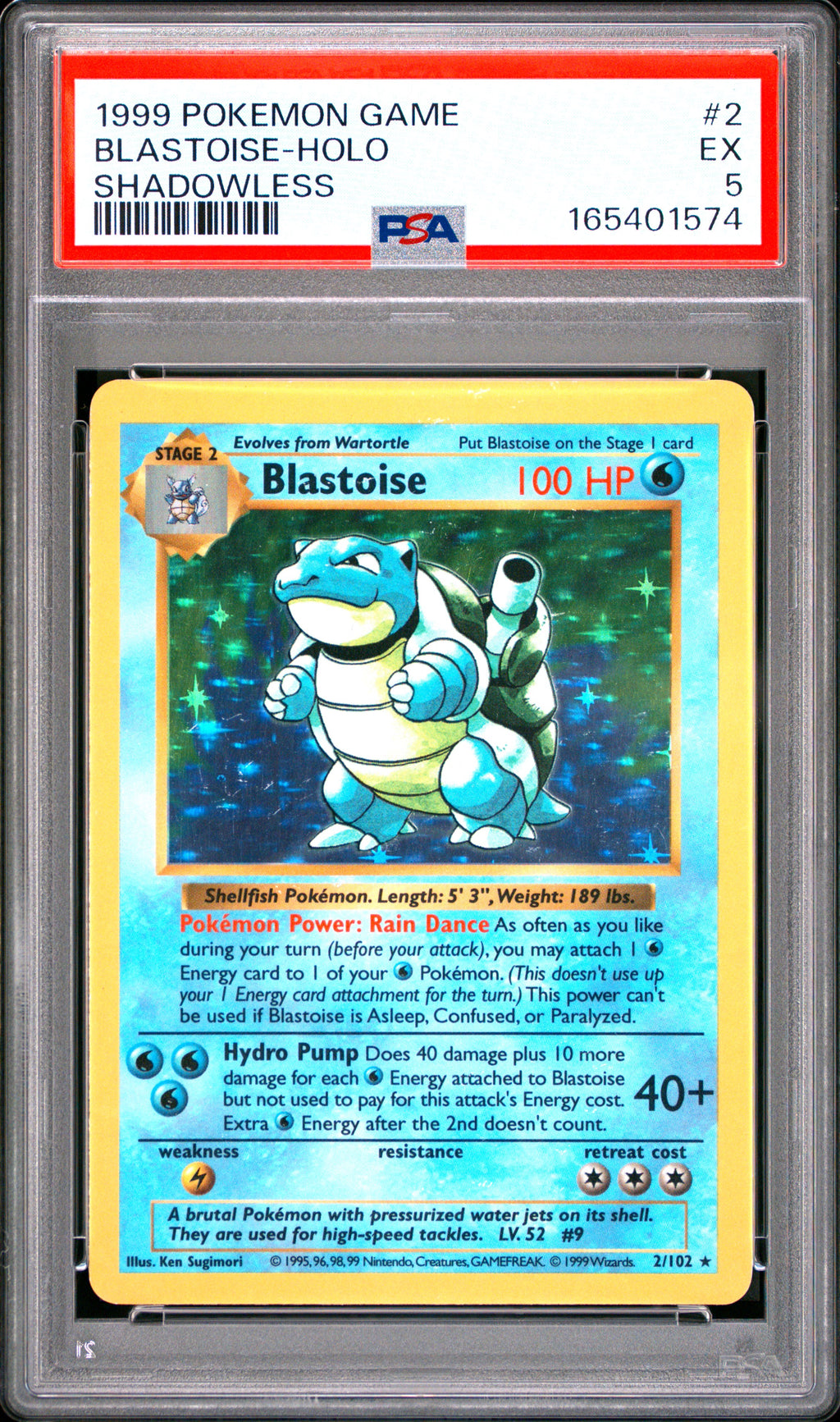 Blastoise Holo Shadowless Base Set Pokemon Game 2/102 PSA 5