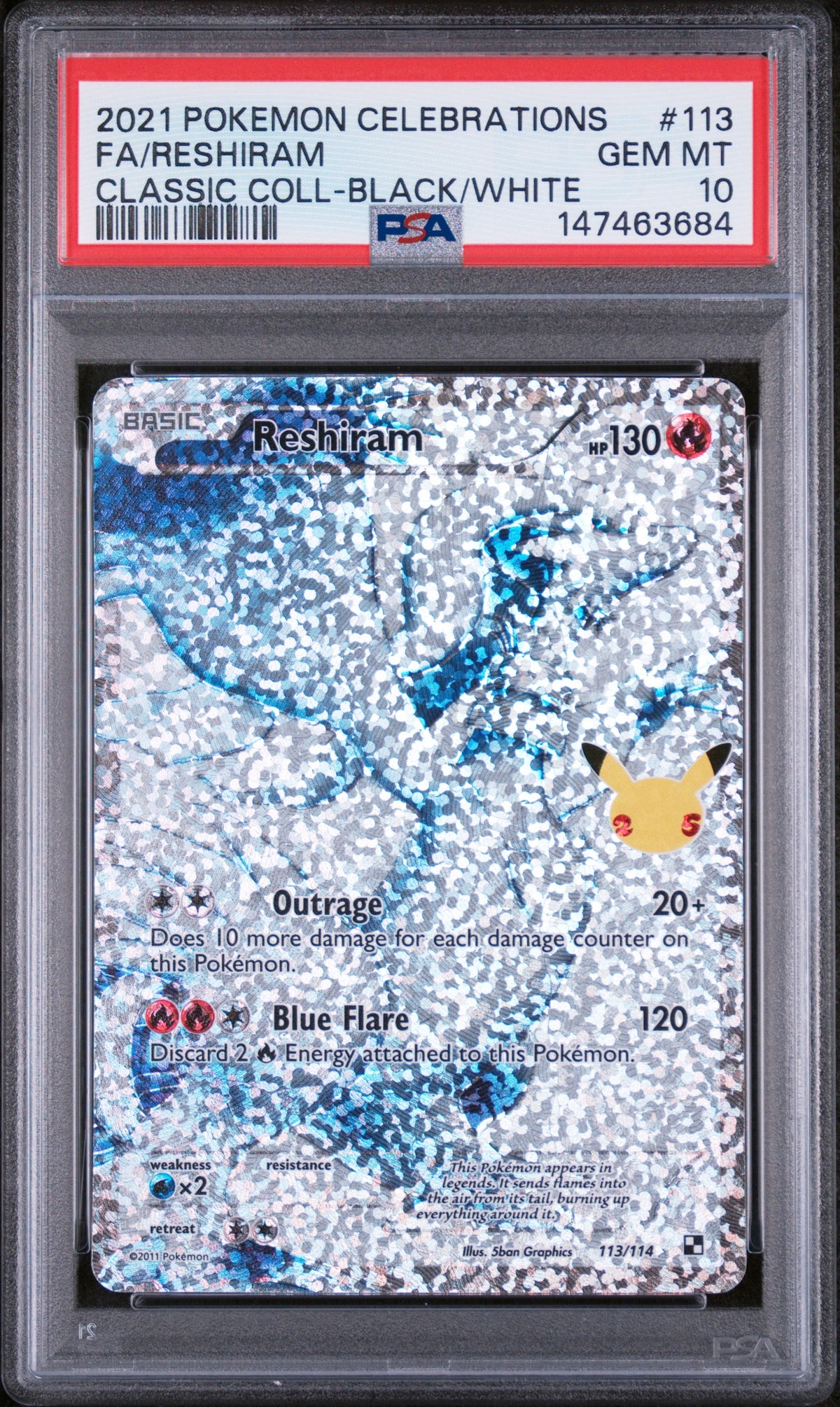 Reshiram Black/White Pokemon Celebrations Classic Collection 113/114 PSA 10