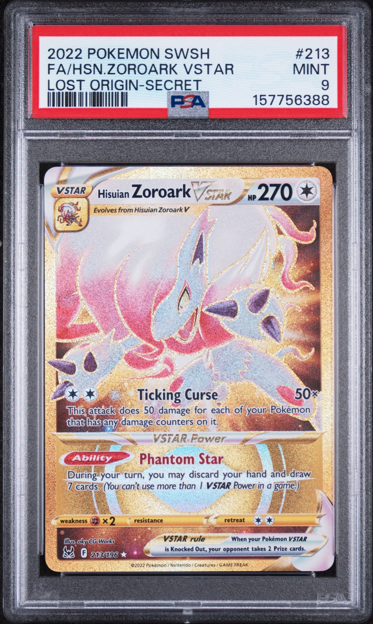 Hisuian Zoroark Vstar Secret Pokemon Sword & Shield Lost Origin 213/196 PSA 9