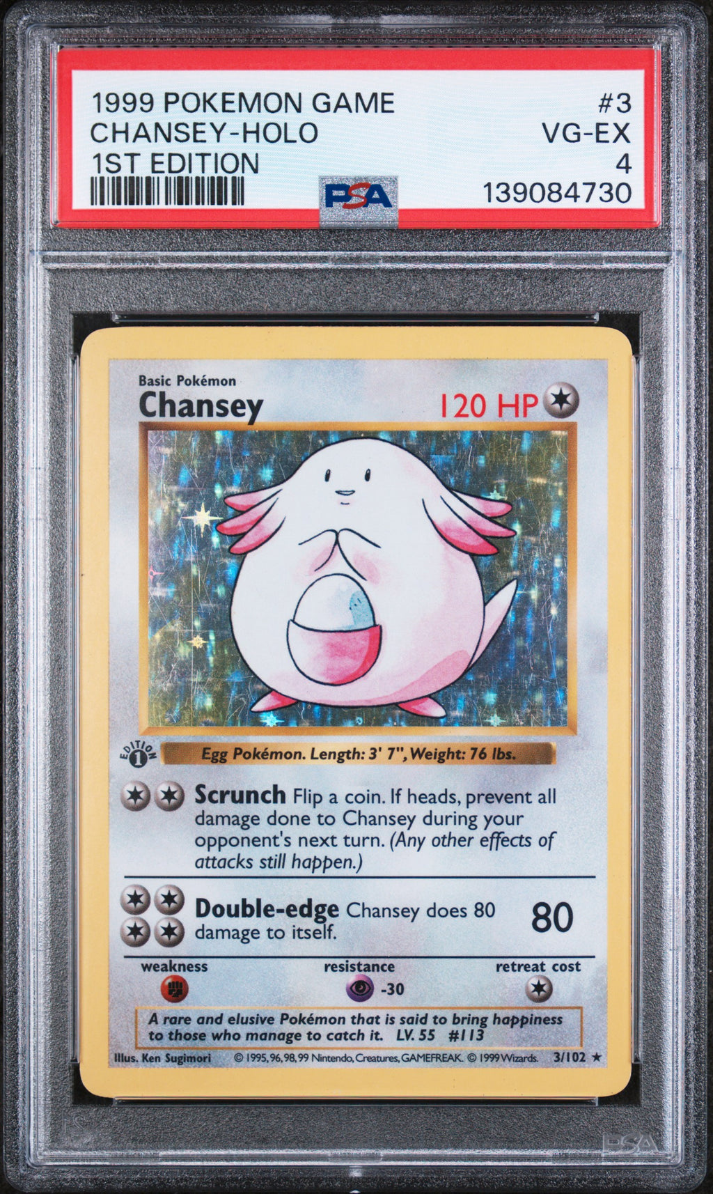 Chansey Base Set Holo 1st Edition Shadowless Pokemon Game 3/102 PSA 4