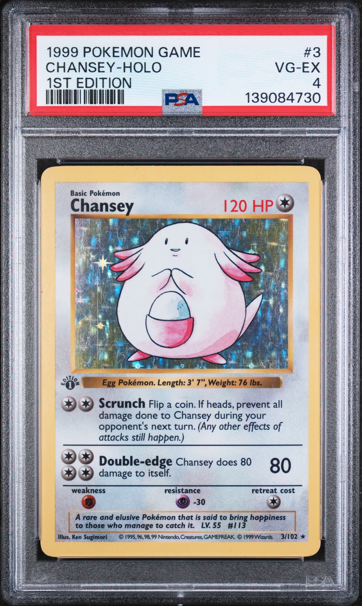 Chansey Base Set Holo 1st Edition Shadowless Pokemon Game 3/102 PSA 4