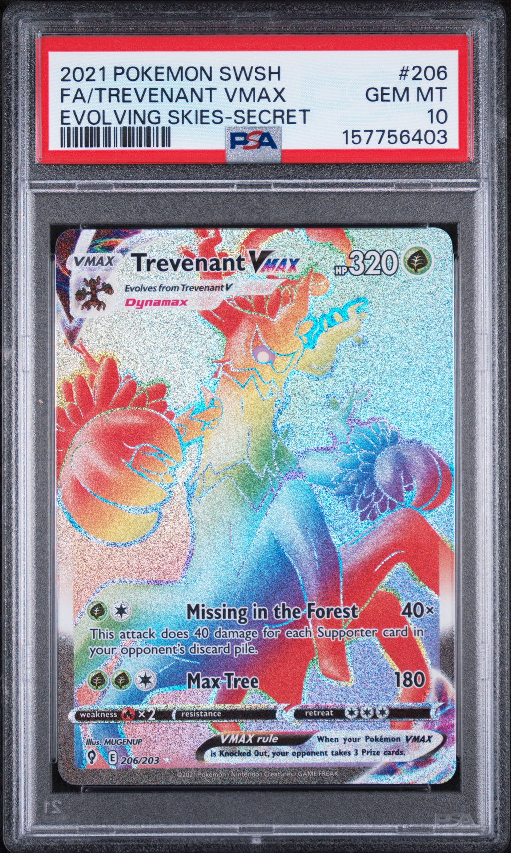 Trevenant Vmax Secret Rainbow Pokemon Sword Shield Evolving Skies 206/203 PSA 10